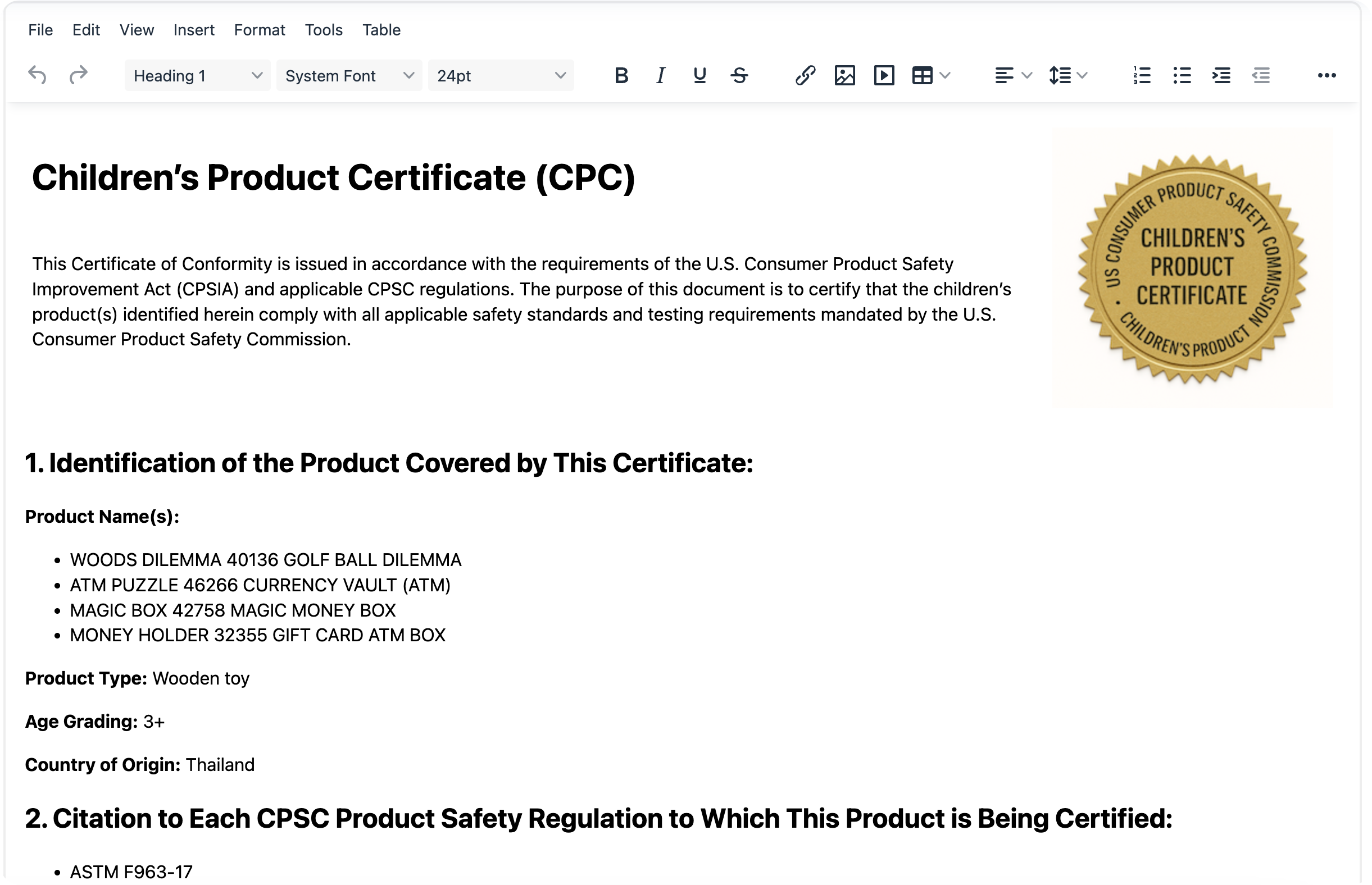 Example CPC Certificate